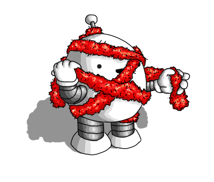 A spherical robot with banded arms and legs and an antenna, with red tinsel looped around it several times. It's peering out from between the garlands, smiling happily.