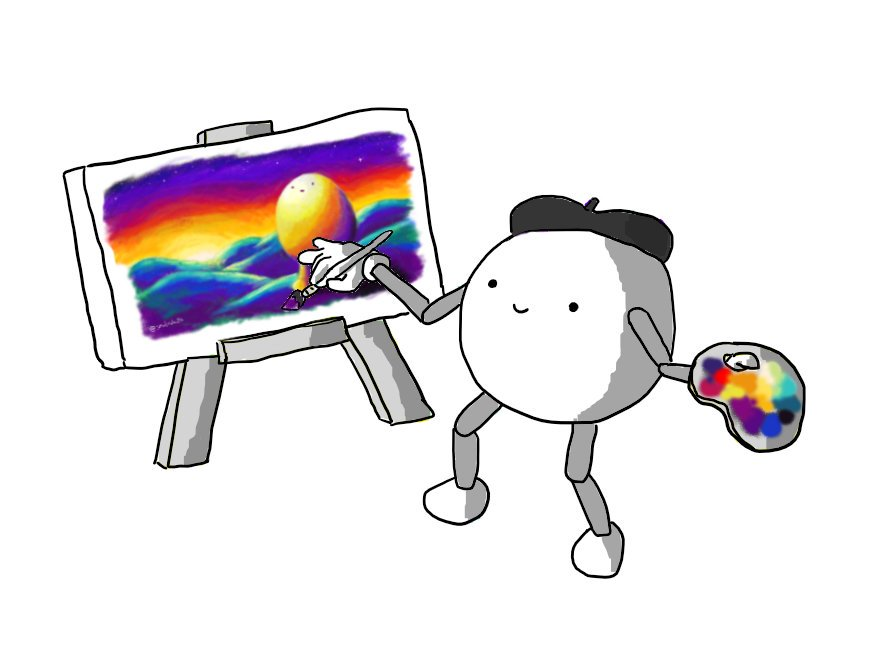 A spherical robot with jointed arms and legs, wearing a beret and holding a paintbrush and pallette. It's painting at an easel, and its canvas has the Bigbot at Sunset picture on it.