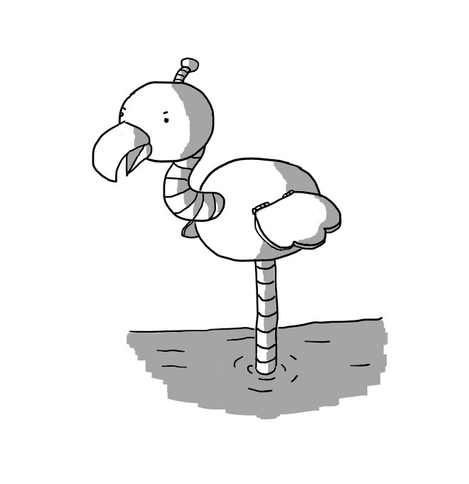 A sort of robot flamingo, but with only a single banded leg, submerged in water. Its wings are hinged to its round body and a banded, curving neck supports a spheroid head with a hooked beak and an annoyed expression on it. It also sports a little antenna.