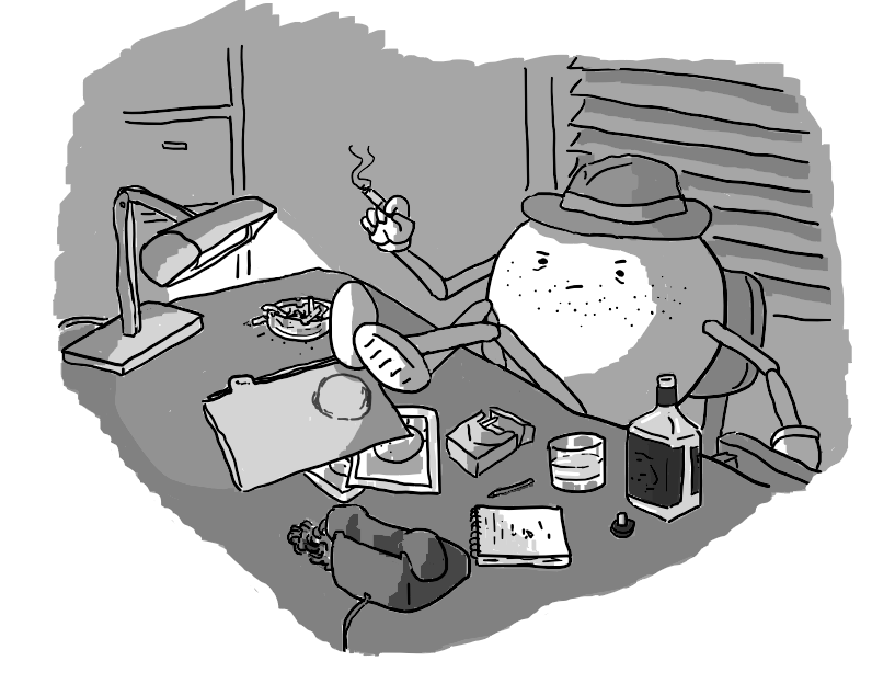 A spherical robot with jointed limbs, stubble, wearing a trilby and sitting with its feet crossed on a desk filled with detective noir paraphernalia - whisky, cigarettes and an ashtray, files and a notebook. Illuminated by an anglepoise lamp, the robot looks weary and cynical and is opening its desk drawer as it smokes a cigarette.