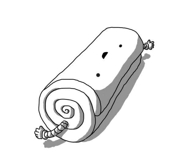 A robot in the form of a flexible rectangle rolled into a cylinder. Its face, upside down, is on the top fold, smiling, and its banded arms are flailing at the sides.