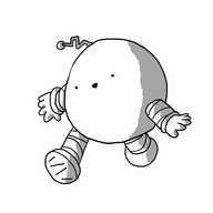 A spherical robot with banded arms and legs, except the bands don't run parallel up its limbs and they're all different lengths. The treads on its feet are also angled. Its cheerful face is set at a slant and it has a crooked antenna protruding at an odd angle.