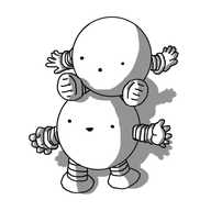 Two happy round robots with banded arms and legs. One is sitting on top of the other one, balancing a little precariously.