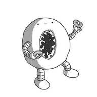 A robot shaped like a ring donut tilted onto its side with its smiling face positioned on the uppermost edge. It has banded arms and legs and is offering a jam donut with one hand while balancing a ring donut on the index finger of the other. The robot's hole is a dark vortex surrounded by crackling energy discharges.