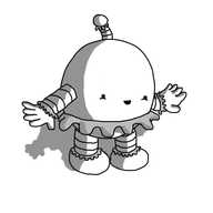 A round robot with banded arms and legs and an antenna. It has little frills around its ankles and wrists, around the bottom of the bobble on its antenna and around its waist and is looking down at itself happily.
