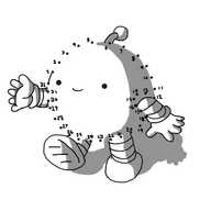 A smiling, round robot with banded arms and legs and an antenna. However, the outline of its body is missing, replaced by 32 numbered dots in a circle, in the manner of a child's dot-to-dot puzzle.