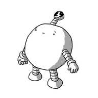 A round robot with banded arms and legs and an antenna with a bobble on the end that says 29 on it. It's Looking upwards with a pleading expression on its face.