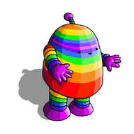 A round topped robot with banded arms and legs and an antenna. It's rendered in rainbow stripes, going from violet to red along its limbs, and going through all the colours in lateral stripes on its body.