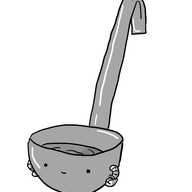 A robot in the form of a metal ladle. Its face is on the bowl and it has two little arms there with fists planted determinedly against the surface. At the very top of the handle is a small propeller holding it up.