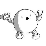A spherical robot with banded arms and legs, raising a fist in anger as it leans back to throw a brick with the other hand. Its expression is one of furious defiance.