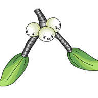 A sprig of mistletoe, its stem banded like a robot's limbs, with two green leaves on its ends. Three spherical robots are clustered at the juncture of the stem, coloured off-white like mistletoe berries, looking angrily downwards.