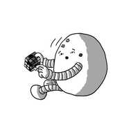 An ovoid robot with banded arms and legs holding a Rubik's Cube in one hand while it peels off a sticker with the other. Several other stickers from the cube have become stuck to its face. It's turning around, shocked, as if caught in the act.