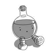 A robot in the form of a spherical glass vial with a short neck at the top stoppered with the cork. It has two banded legs on the bottom and a worried-looking face on its front.