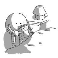 A round robot with banded arms and legs, appearing by a bedside, rising up on extendable legs and holding a copy of the novel 'Legacy' by Thomas Heasman-Hunt.