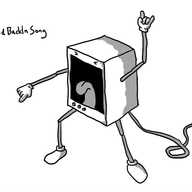 A robot in the form of an amp, with slim, jointed arms and legs and a wire trailing from its back. Instead of a speaker on its front it has an enormous rectangular mouth with a visible tongue. It has its eyes screwed shut and is pointing with one hand while making the 'metal' symbol with the other.