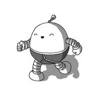 A round robot with banded arms and legs and a zigzag antenna, wearing a pair of y-fronts. It's running along with a big smile on its face.