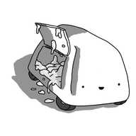 A rounded, trapezoid robot with four wheels on its underside. One of its sides is a hinged compartment with an open hatch and its interior is full of loose yoghurt which is dripping out onto the floor.