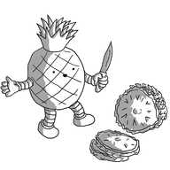 A robot that looks like a pineapple with arms and legs and a little smiley face on the front, wielding a knife over an actual pineapple cut into cross-sectional slices.