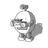 An ovoid robot with banded arms and legs, reading from a stack of cards labelled "QUIZBOT TRIVIA". It has a rectangular screen on its front and a speaker mounted on its antenna.