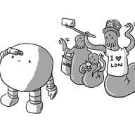 A spherical robot with banded arms and legs squinting upwards and shielding its eyes with its hand. Behind it, three amorphous creatures with tentacles for arms, slug- like lower bodies, three eyes and dangling feelers for mouths. They seem to be a family unit: the 'father' has a Union Jack hat on and a t-shirt reading "I [heart] LDN", the 'child' is eating an ice cream and the 'mother' has a Harrods bag.