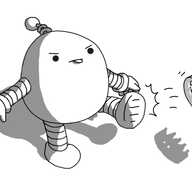 A rounded robot with banded arms and legs and a coiled antenna. It's sticking out its tongue and angrily kicking away a crown.