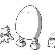 An ovoid robot with two thick legs, standing between an excited, yapping puppy and Teabot, to demonstrate scale. The robot looks vaguely unhappy.