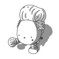 An smiling ovoid robot with two banded legs, wearing an enormous, 18th-Century powdered wig with curls, a high pompadour and a braided, ribboned tail. It also has a heart-shaped beauty mark on one cheek.