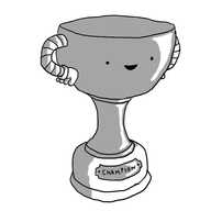 A robot in the form of a prize cup, with the bowl forming its head and its arms balled on its 'hips' forming the handles. It has a rounded base with a nameplate reading 'CHAMPION'.