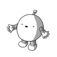 A spherical robot with banded arms and legs, holding out its hands and smiling.