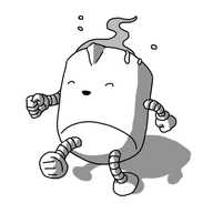 A robot in the form of a jug of custard, with a little spout at the front. It has banded arms and legs and is dancing along with its eyes closed happily, spilling a few drops of custard in its wake.