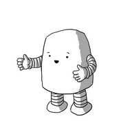 A rounded, rectangular robot with banded arms and legs. Its holding its hands apart as if to indicate the size of something and looks pretty pleased with itself.