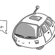 A robot in the form of a small, dome-shaped car. Its smiling face is on the front below the windshield and instead of an aerial it has a banded antenna with a bobble on the end. A speech bubble is coming out of its face saying 'BEEP BEEP!'