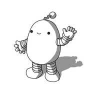 An ovoid robot with banded arms and legs and a zigzag antenna. It's smiling happily and waving.