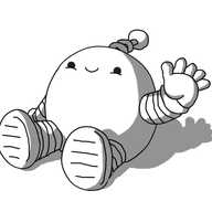 A spherical robot with banded arms and legs and a coiled antenna, sitting on the ground, smiling and waving. It's that simple.