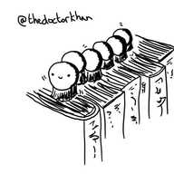 A robot composed of six small spheres, arranged in a row like a caterpillar, with a smiley face on the foremost one. Instead of legs it has a little round brush on the bottom of each sphere and is making its way along a row of books.