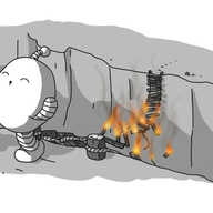 An ovoid robot with banded arms and legs, walking away, happily whistling with its hands in its pockets while, behind it, a rope bridge suspended across a deep chasm is falling apart in flames.