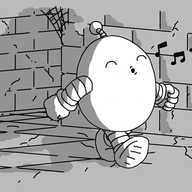An ovoid robot with banded arms and legs and an antenna, walking through a passageway constructed of crumbling masonry, with cobwebs clinging to some corners. The robot's eyes are closed and it's whistling contentedly.