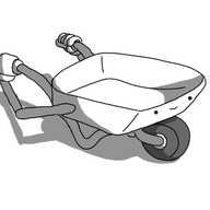 A robot in the form of a wheelbarrow. Its smiling face is on the front of the barrow section, above the wheel, and it has two jointed arms towards its rear. The robot's arms are reaching backwards and it's holding its own handles.