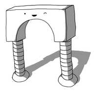 A robot in the form of a squared-off arch. Its face is just above the apex and is winking, and the supporting pillars are two long, banded legs.