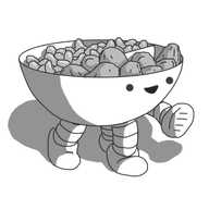 A robot in the form of a round bowl divided into two compartments. One compartment contains crisps (chips), while the other contains jelly beans. The robot has four banded legs on its underside and is smiling cheerfully.