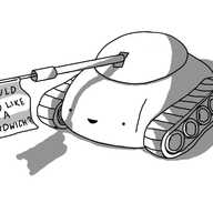 A robot in the form of a simplified tank, with caterpillar tracks and a separate turret. Its smiling face is on the front of its hull and it sports a large cannon, from which emerges a pole bearing the words "WOULD YOU LIKE A SANDWICH?".