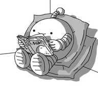 A round robot with banded arms and legs and an antenna, sitting in the corner of a room on two cushions. It's happily reading a book entitled 'I, Bigbot' that has a picture of Bigbot on the cover.