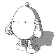 An ovoid robot with banded arms and legs and a little antenna. Its fists are clenched and it's glowering angrily.