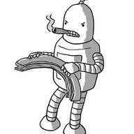 A humanoid robot with banded arms and legs, designed to look like Bender from Futurama. It's bending a girder with its hands while angrily chomping on a cigar.