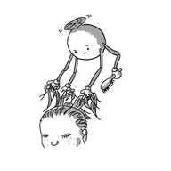 A spherical robot held aloft by a propeller on its top, with four jointed arms. Three of its hands are entwined in the tresses of a child's hair while the other holds a hairbrush. The robot looks slightly perplexed by the many strands it has looped around its fingers.