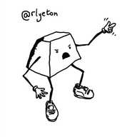 A trapezoid robot wearing running shoes angrily wagging its finger as it yells something.