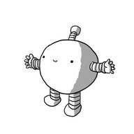 A spherical robot with banded arms and legs and an antenna. It's holding out its arms and smiling.