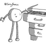 A spherical robot with long, banded legs and arms, reaching into a kirchen drawer with a long, wiggly arm. It has an expression of intense concentration with its tongue sticking out.