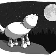 A robot in the form of a wolf, standing on a rock in front of a conifer forest at night, howling at the moon.