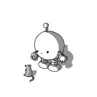 A little spherical robot with banded arms and legs and a zigzag antenna, looking down in surprise at a small rodent sitting on the ground that is turning to look back at it.